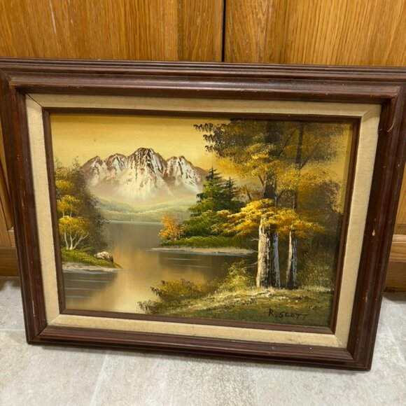 Beautiful Vintage Framed R. Scott Mountain And Water Painting Oil On Canvas